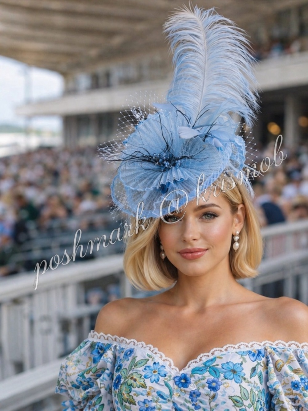 Kentucky Derby Hat Elegant Light Blue Fascinator Floral Feather Accent Tea Party